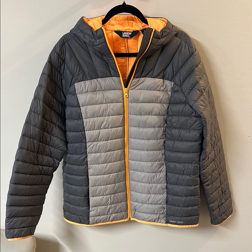 Lands' End Gray and Orange Hooded Puffer Jacket